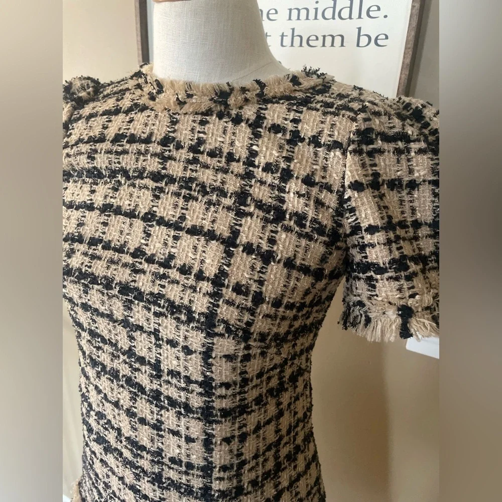 Kate Spade Black and Tan jewel neck sheath Tweed Mini Dress size 0